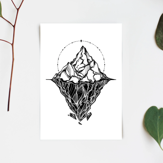 Geometric Iceberg Art Print, Minimalist Starry Night Black & White Drawing, Mountain Graphic Poster, Arctic Landscape Nordic Prints