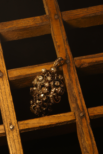 Impressive Antique Rose Cut Diamond Brooch Pendant With Black Enamel, 1830S