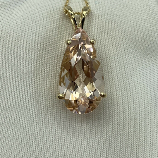 8.57Ct Fine Peach Pink Morganite Pear Teardrop Cut Yellow Gold Pendant Necklace