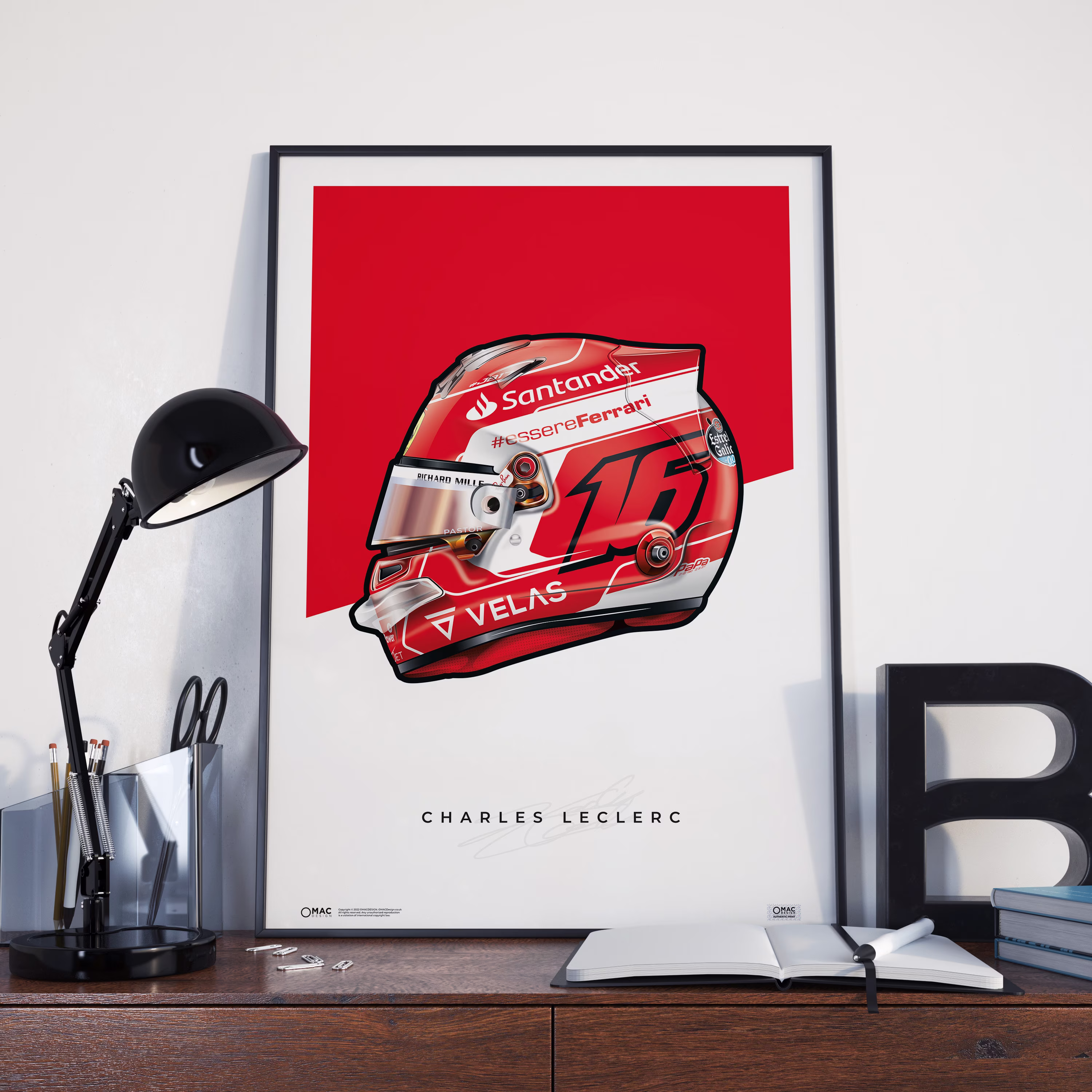 Charles Leclerc 2022 F1 Poster | Helmet Ferrari Hand Drawn Art Formula 1 Grand Prix