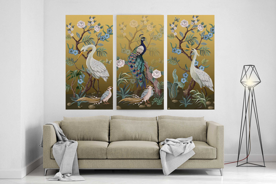 Set Of 3 Prints On Canvas, Birds & Flowers, Picture Print, Modern Wall Art, , Extra Large Art Gift, Peacock Bird