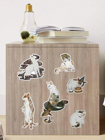 Cute Cat Kitty Stickers - Cat Lover Scrap Book Japanese Woodblock Traditional Style Meme Art Illustration Wall Animal Print