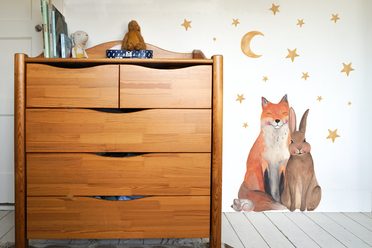 Cozy Wall Stickers Forest Animals, Fox, Mouse, Rabbit & Starry Sky | Watercolor, Illustration, Decoration