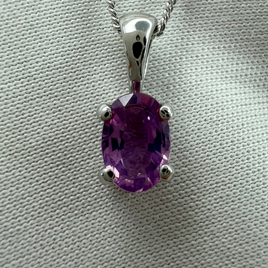 Vivid Pink Purple Ceylon Sapphire 18K White Gold Oval Cut Solitaire Pendant