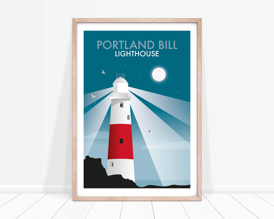 Portland Bill Lighthouse Print, Dorset Travel Art, Isle Of Portland, Coast Illustration, Red White & Blue Seaside Print