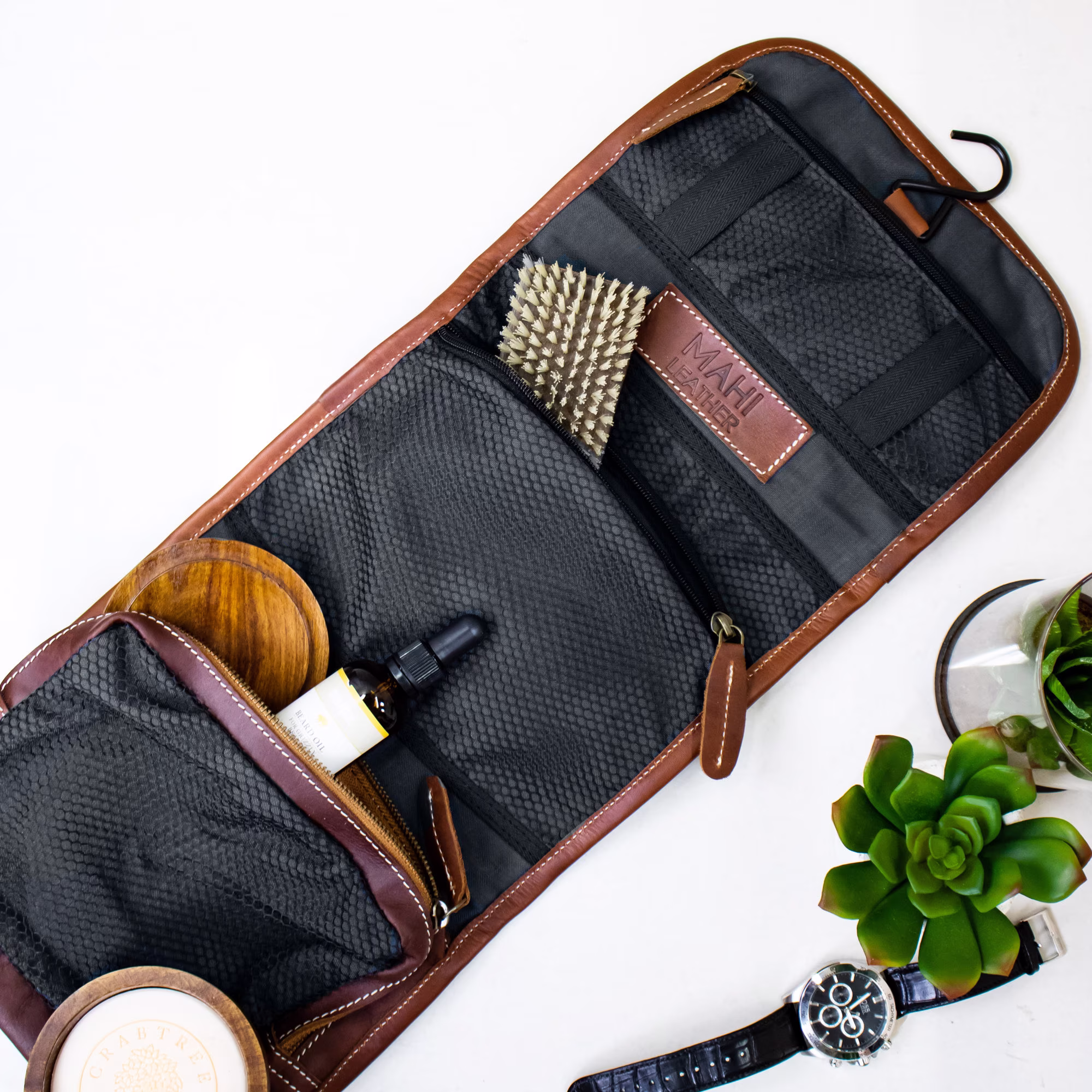 Personalized Leather Hanging Wash Bag - Men's Shaving Kit/Dopp Kit in Full Grain Brown & Waterproof Lining Handmade By Mahi