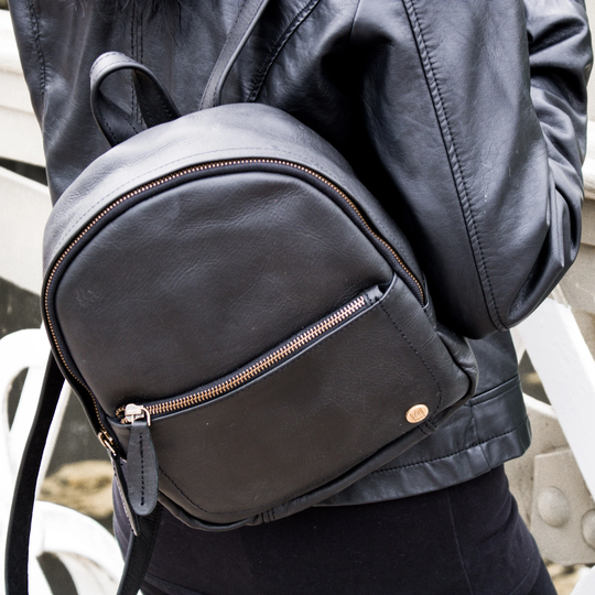 Mini Backpack - Personalized Black Full Grain Leather Small Casual Work Rucksack For Her Handmade With Monogram Initials By Mahi