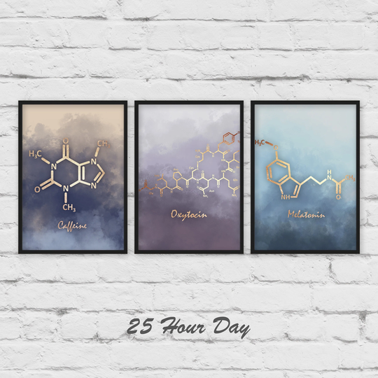 3 Piece Wall Art, Caffeine Molecule, Melatonin Molecule, Oxytocin Chemistry Gift, Teacher Office Decor, Bedroom Art