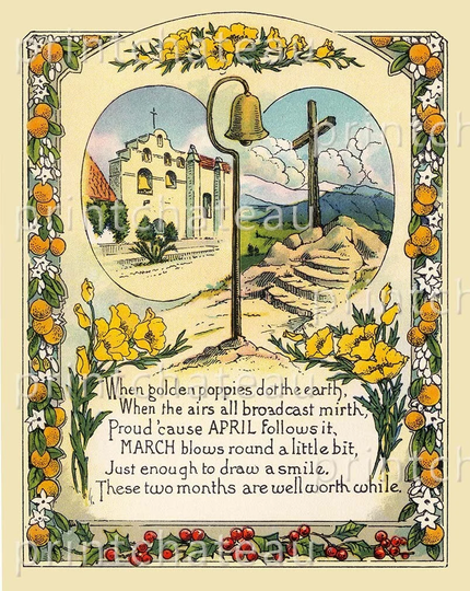 Sunny Southern California Poem New Giclee Art Print Mission Bell Mt Soledad From Vintage Poppies Orange Groves Printchateau