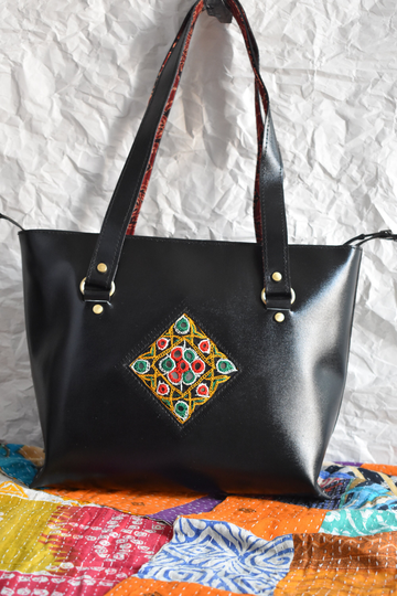 Leather Bag, Black Leather Handmade Rabari Recycled Gifts, Christmas Gifts