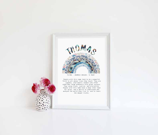 Boys Rainbow Art With Name Meaning, Liberty London Print, Personalised Nursery Wall Art, Boys Christmas Gift