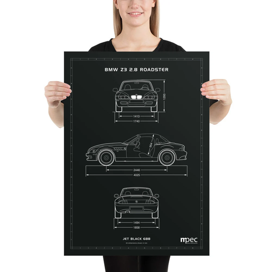Large Bmw Z3 2.8 Technical Illustration Poster Jet Black 50cm X 70cm
