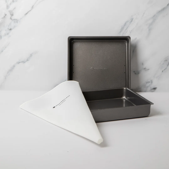 Masterclass Three Piece Baking Set, Includes Two Non-Stick Loose Base 20Cm Square Sandwich Pans, Plus A Masterclass Professional Quality 40Cm Icing An
