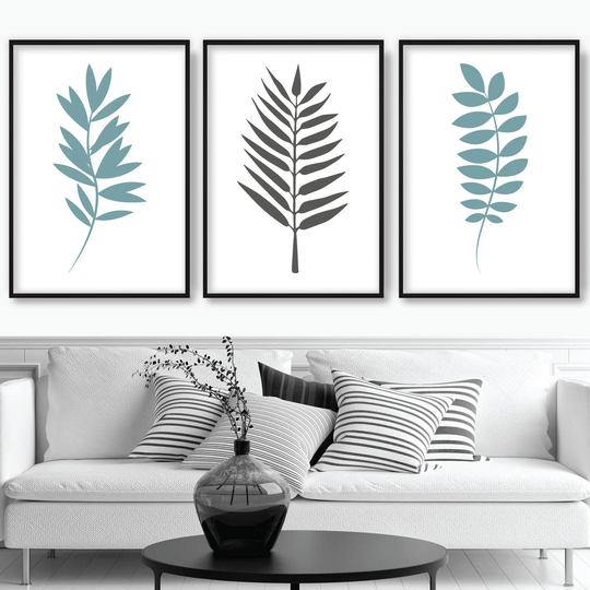 Set Of 3 Duck Egg Blue & Grey Gallery Wall Art Prints Tropical Fern Botanical Leaf Scandinavian Posters Minimalist Graphical Artwork Artze
