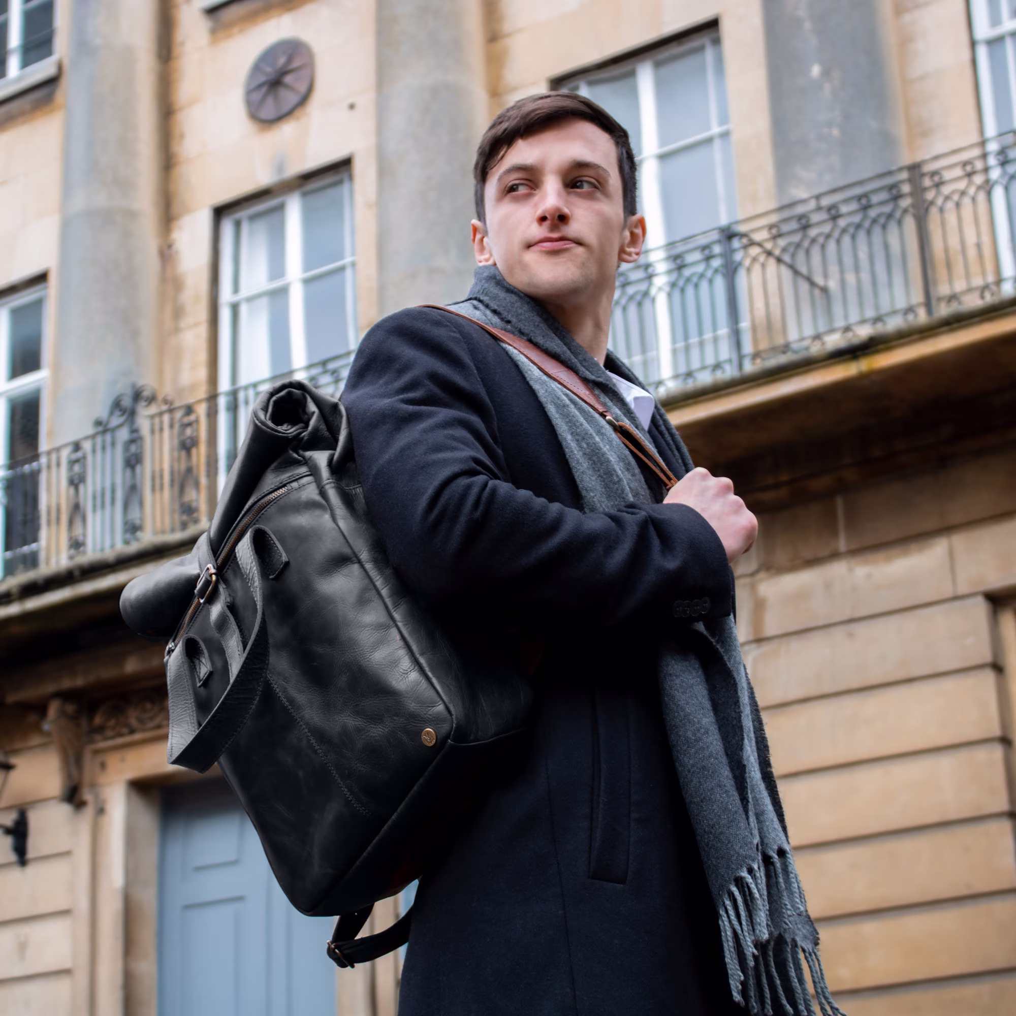 Black Leather Roll Top Backpack With 15
