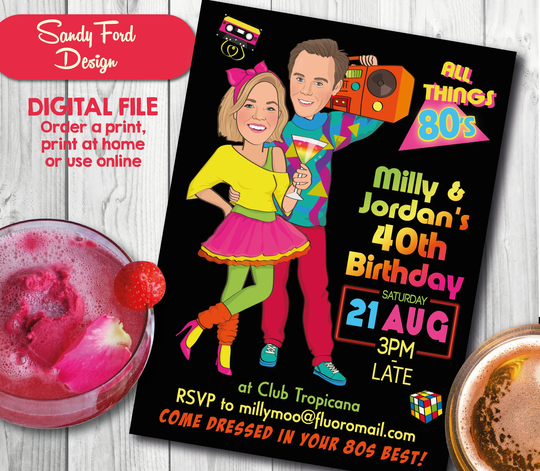 Couple's 80S Disco Party Invitation, 1980's Disco Invitation, Neon Party - Illustrated From Your Photo Digital File