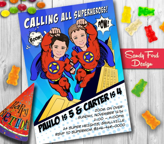 Superhero Birthday Party Invitation For Two Children Or Twins - Illustrated From Your Photo Digital File