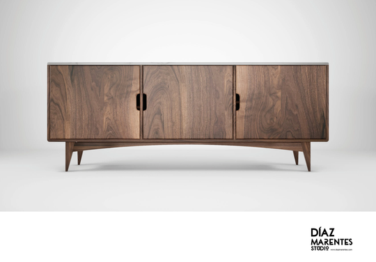 Mid Century Modern Credenza With Marble Top, Sideboard Fabricated in Solid Walnut, Sideboards, Living Room Storage Cabinet