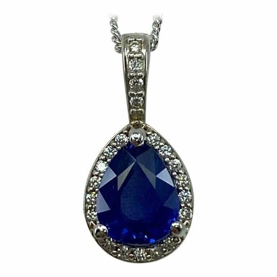 Fine Cornflower Blue Ceylon Pear Sapphire & Diamond 18K White Gold Halo Pendant