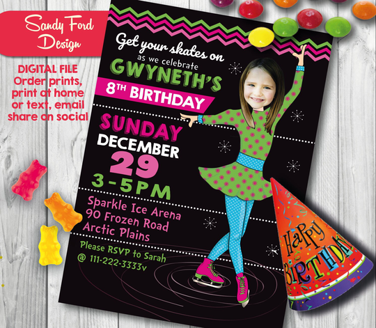 Ice Skating Chalkboard Birthday Party Invitation - Personalized With Your Photo Digital File