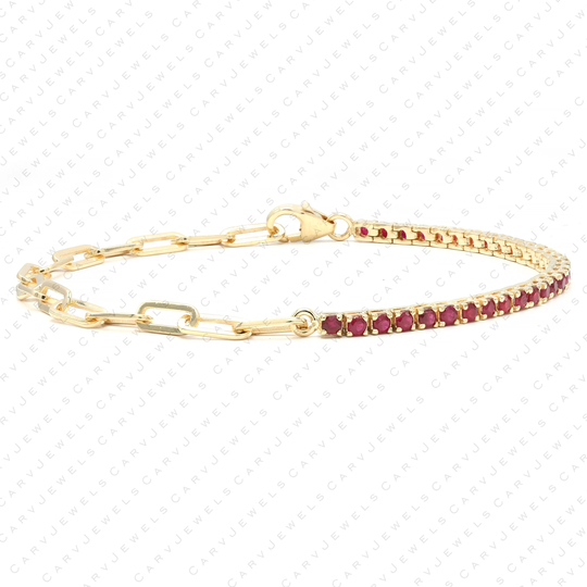 Real 50/50 2mm Ruby Tennis & Paperclip Chain Bracelet, Solid 14K Gold, Delicate Bridal Thin Bracelet For Women