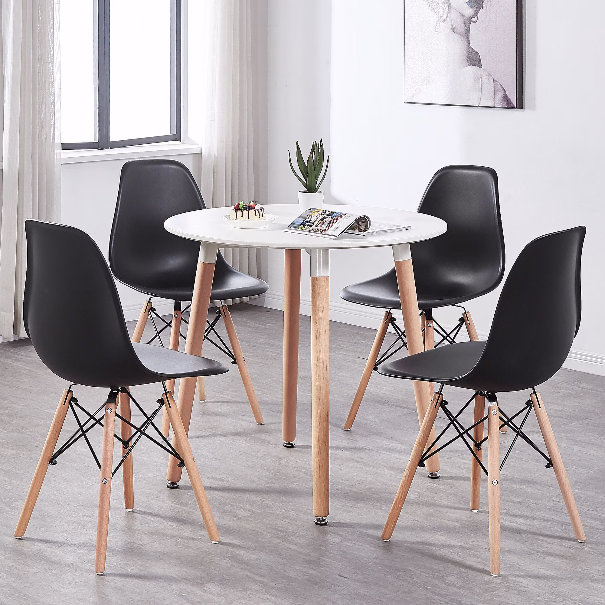 Contemporary Dining Set With A Black & White Round Table 4 Eiffel Style Plastic Chairs Wooden Legs in Nordic