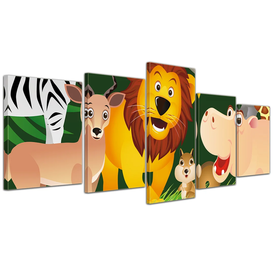 Children's Picture - Funny Animals in the Jungle - Cartoon 5 Piece Graphic Art on Canvas Set
