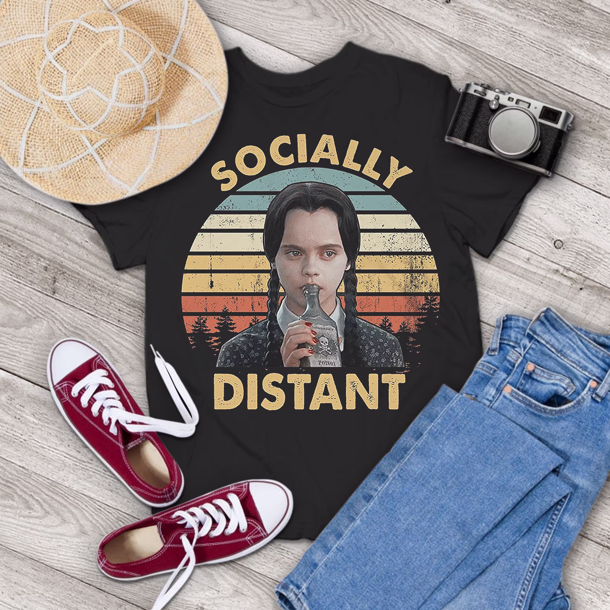 Socially Distant Funny Vintage T-Shirt, Wednesday Addams Shirt, Family Gift Tee For You & Your