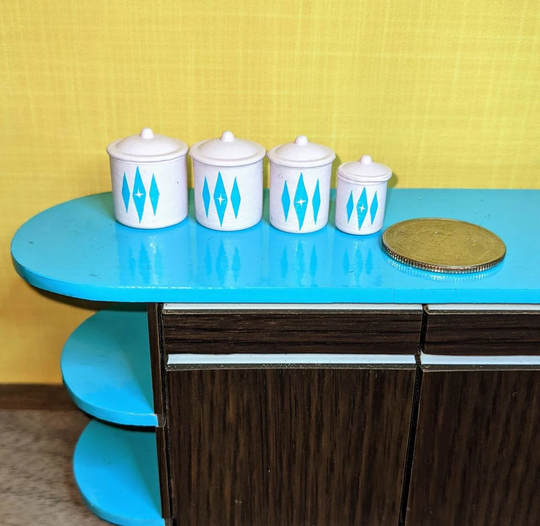 112 Scale Dollhouse Miniature Mid Century Retro Pink & Turquoise Diamonds Canister Set