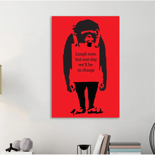 Laugh now on Red by Banksy - Wrapped Canvas Graphic Art Print