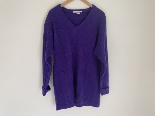 Iconic Vintage Limited Angora Sweater Made in Hong Kong Bright Solid Purple Cable Knit Long Sleeve V Neck Textured Medium