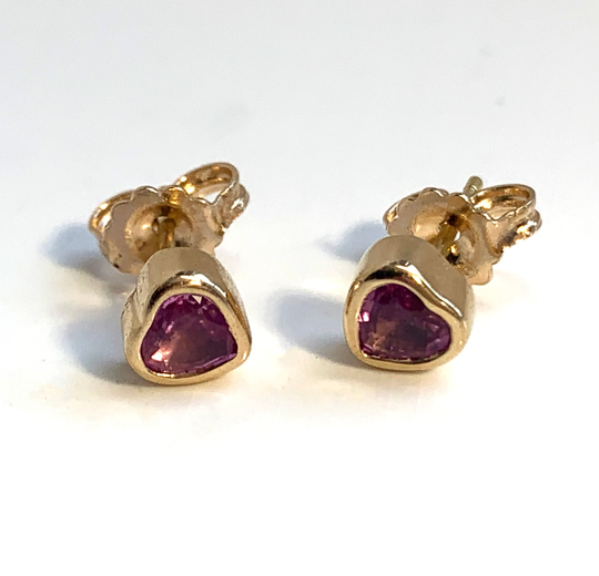 Genuine Pink Sapphire Bezel Set Stud Earrings 18K Solid Gold Pushback & Posts, Valentines Day Gift