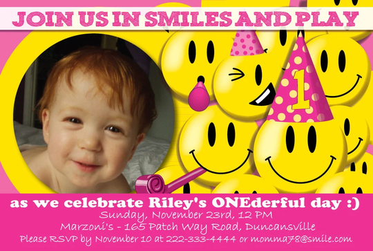 Girl's Smiley Face 1st Birthday Party Invitation - Personalized With Your Photo Digital File