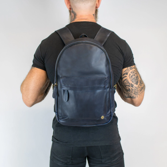Personalized Initials Leather Backpack Laptop in Navy Blue Full Grain Unisex Mens Womens For College By Mahi
