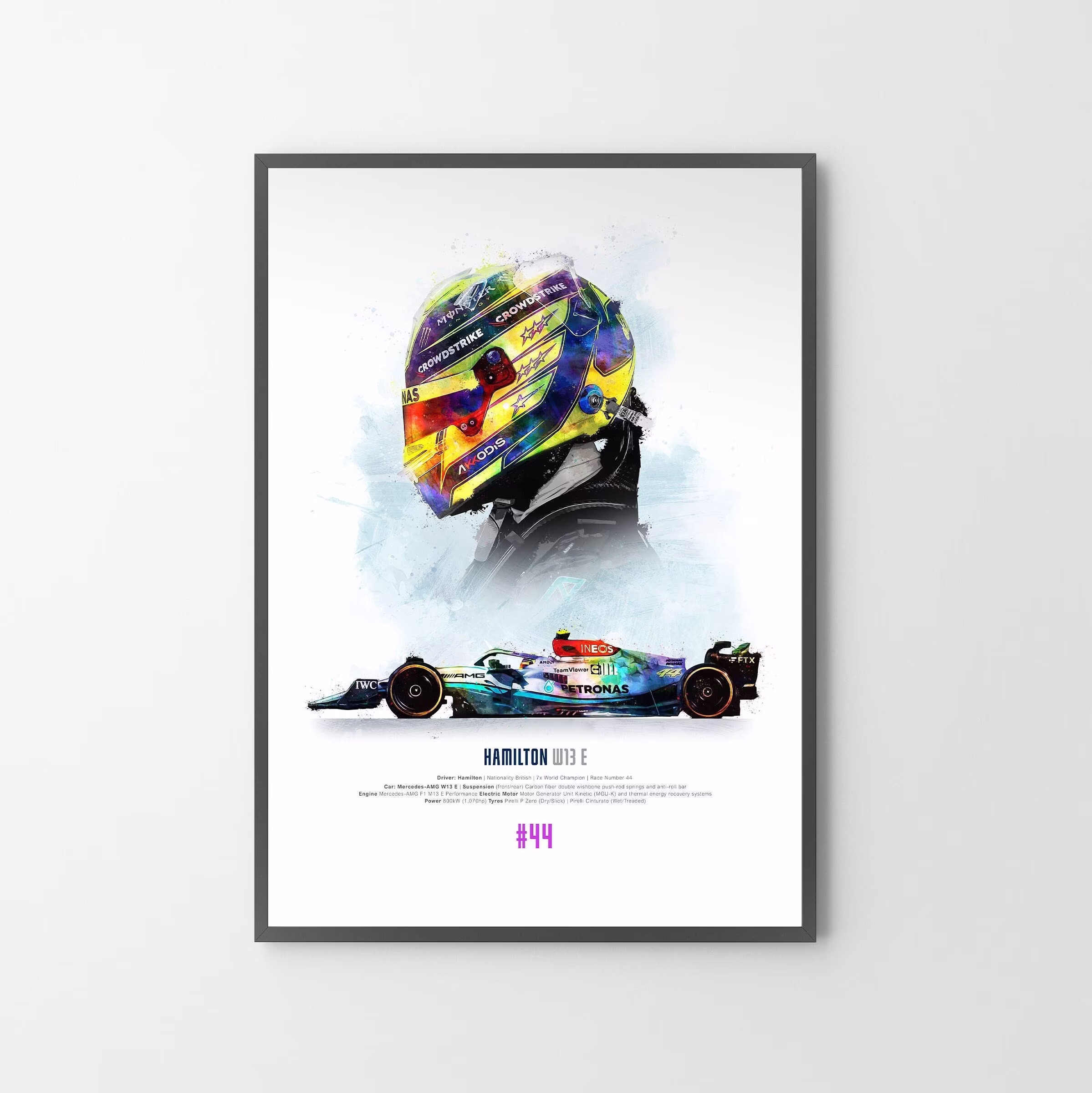 Lewis Hamilton 2022 Helmet & W13 F1 Car Poster Print | Portrait Or Landscape Art Gift Illustration | Unframed