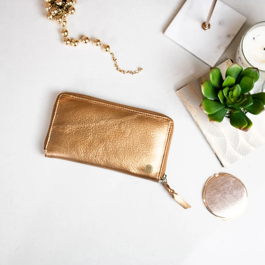 Personalized Full Grain Leather Purse/Wallet For Her Handmade in Metallic Bronze/Gold 3rd Wedding Anniversary Gift By Mahi