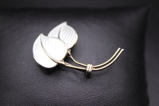 Vintage Norwegian Brooch | Hans Myhre Leaf-Shaped Guilloche Enamel Vermeil Sterling Silver Free Delivery