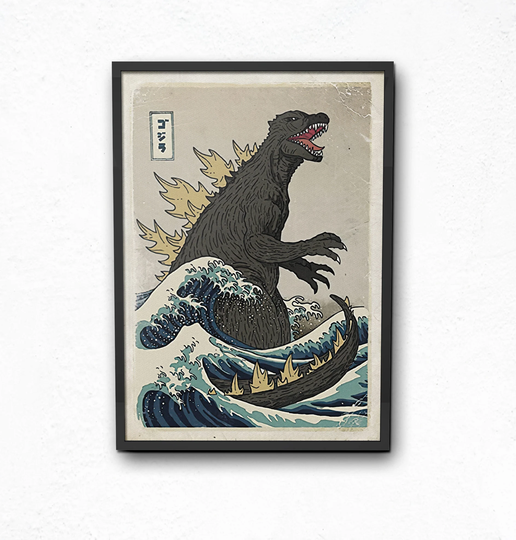 Godzilla Poster, Traditional Japanese Art, Canvas, Woodblock, Calligraphy