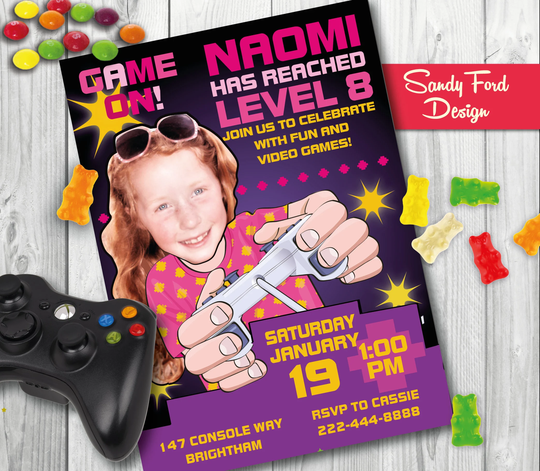 Girl's Video Game Birthday Party Invitation - Personalized With Your Photo Digital File