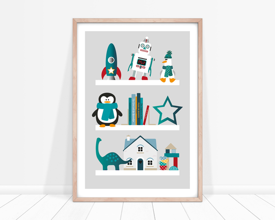 Children's Toy Shelf Art Print, Gender Neutral Poster For Nursery, Grey & Green Illustration, A3 Print Boy Or Girl, Nursery