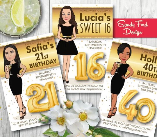 Women's Birthday Party Invitation 16, 21, 30, 40, 50, Any Age - Illustrated From Your Photo Digital File
