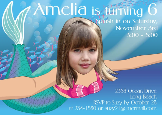 Mermaid Birthday Party Invitation Digital File Personalized With Your Photo