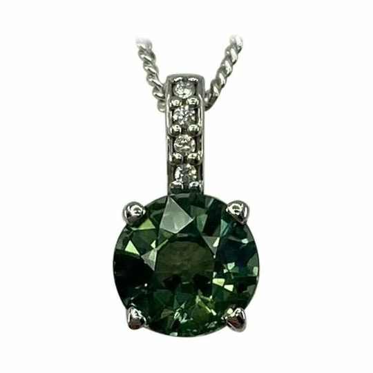 1.00Ct Vivid Green Australia Sapphire Round 18K White Gold Diamond Pendant