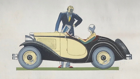 1931 Art Deco Motor Advert Jean Berté Watercolour Printing Process Drophead Roadster Convertible Car 20S Pullout Sheet Size C.13.5x9.5Ins