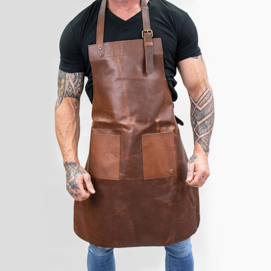 Distressed Double Pocket Leather Apron For Barbecues With Beer Bottle - Brown Full Grain Butchers For Hobbyists