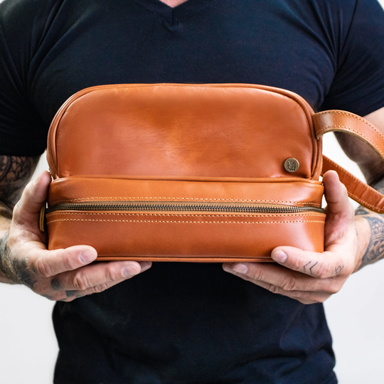 Personalized Buffalo Leather Wash Bag - Men's Shaving Toiletry Dopp Tan Brown Handmade By Mahi