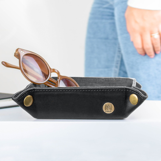 Personalized Black Full Grain Leather Valet Tray | Dresser Caddy, Catchall, Coin Dish Desk Organizer Gift For Him Handmade By Mahi
