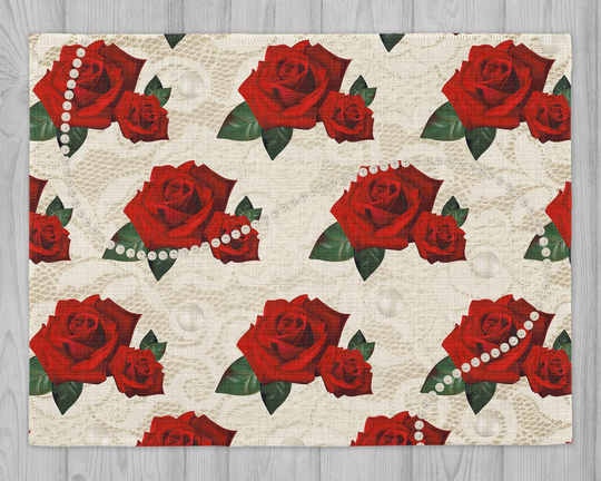 Red Rose & Ivory Lace Pearls Linen Table Mat Place Setting Instant Digital Design Template( Matching Items Available