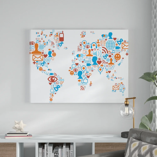 World Map Social Media Pictograms Framed Graphic Art on Canvas