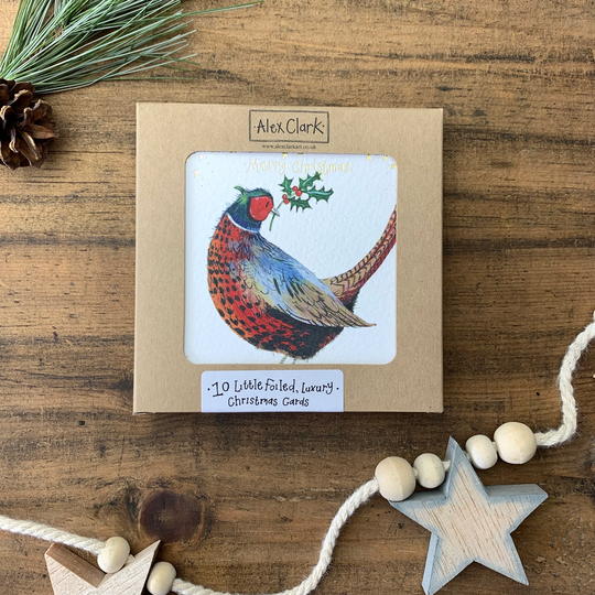 Pheasant & Holly Little Luxury Foil Christmas Cards Box - Pack Of 10 | xk03